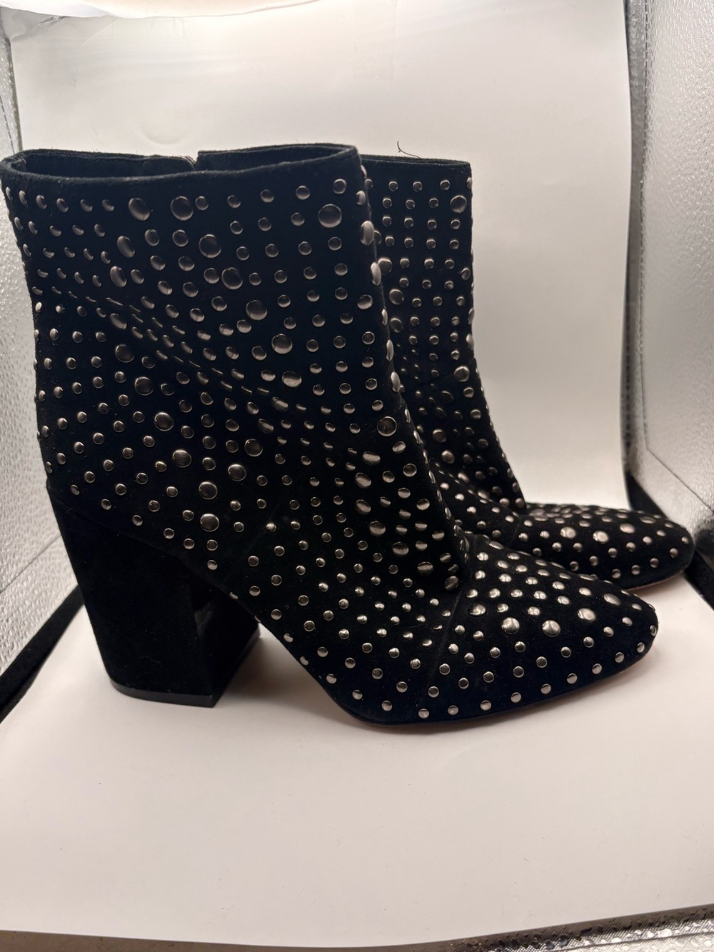 Vince Camuto Black Studded Suede Block Heel Ankle Boots